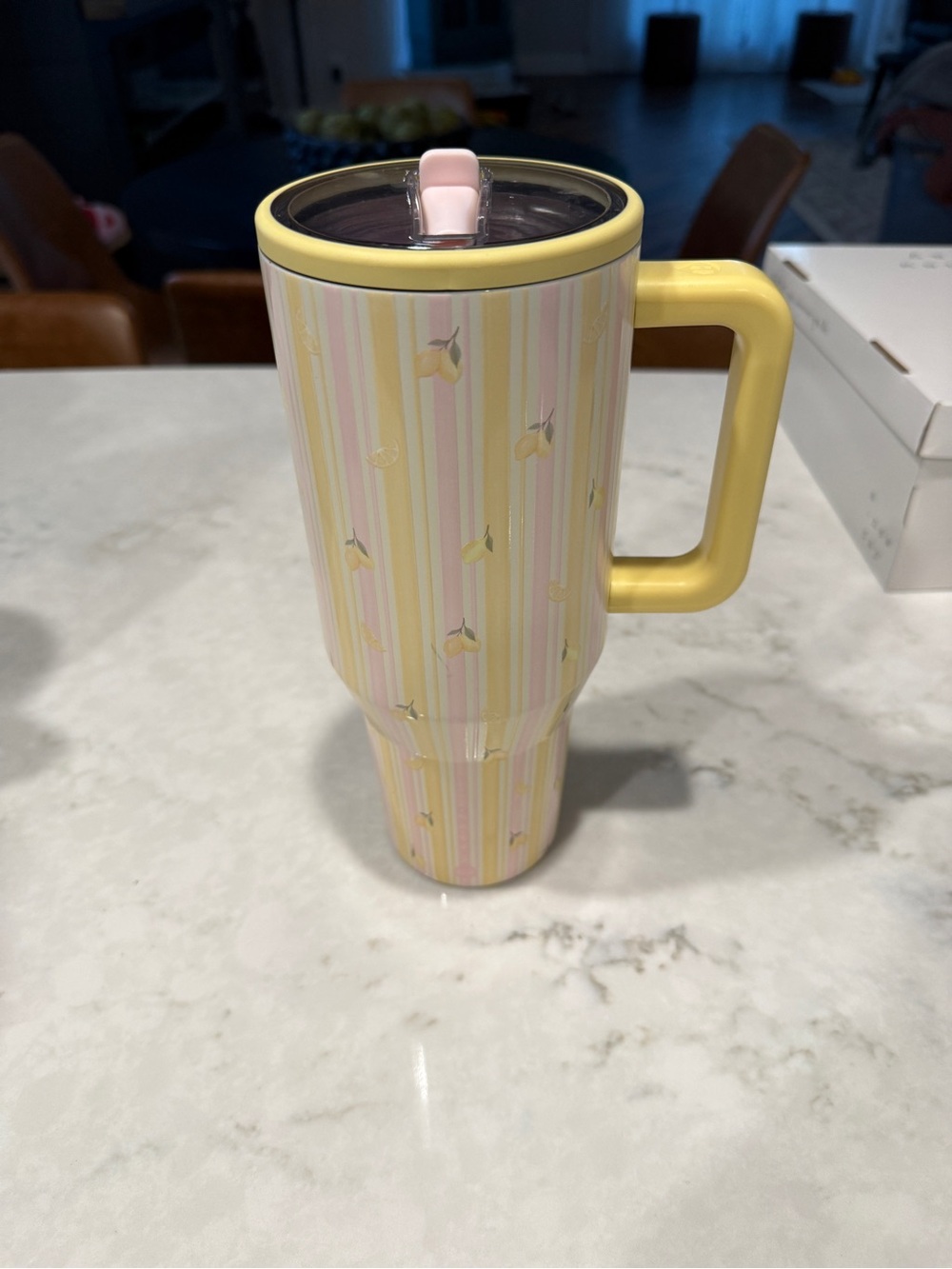 HydroJug Yellow and Pink Striped Lemon Travel Tumbler with Handle 40oz
